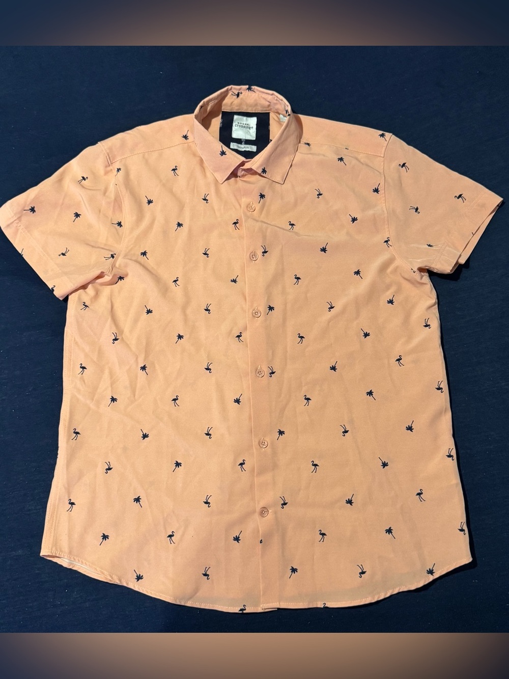 Men’s Medium Peach Collared Shirt Palm Tree & Flamingo Print 🦩 🌴 Stretchy
